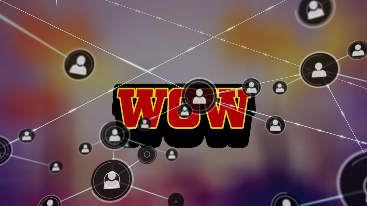 Animazione di una rete di icone profilo su un banner con testo "wow" su sfondo sfocato