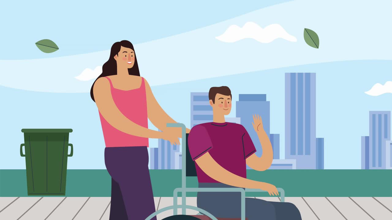 hombre discapacitado en silla de ruedas con ayudante