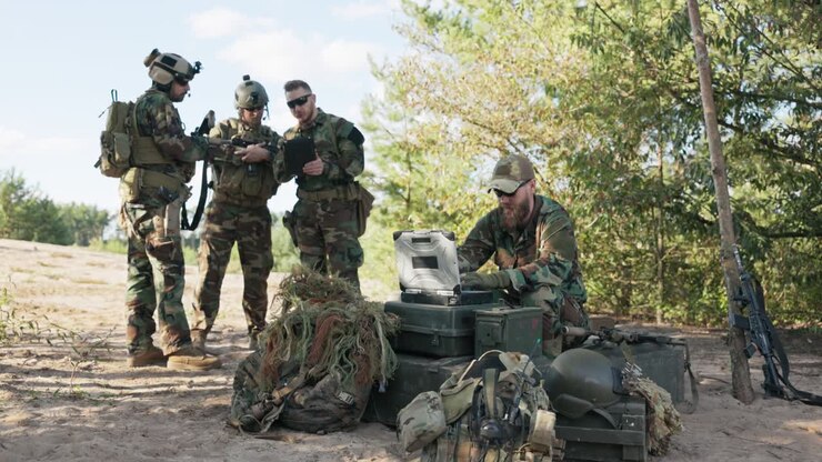 Group of servicemen set up details of today's action defending territory prepare equipment clothes for expedition in forest soldiers follow maps enter data on computer send information to base