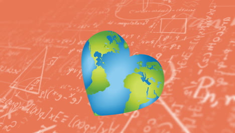 animation of heart with map over mathematical equations on red chalkboard