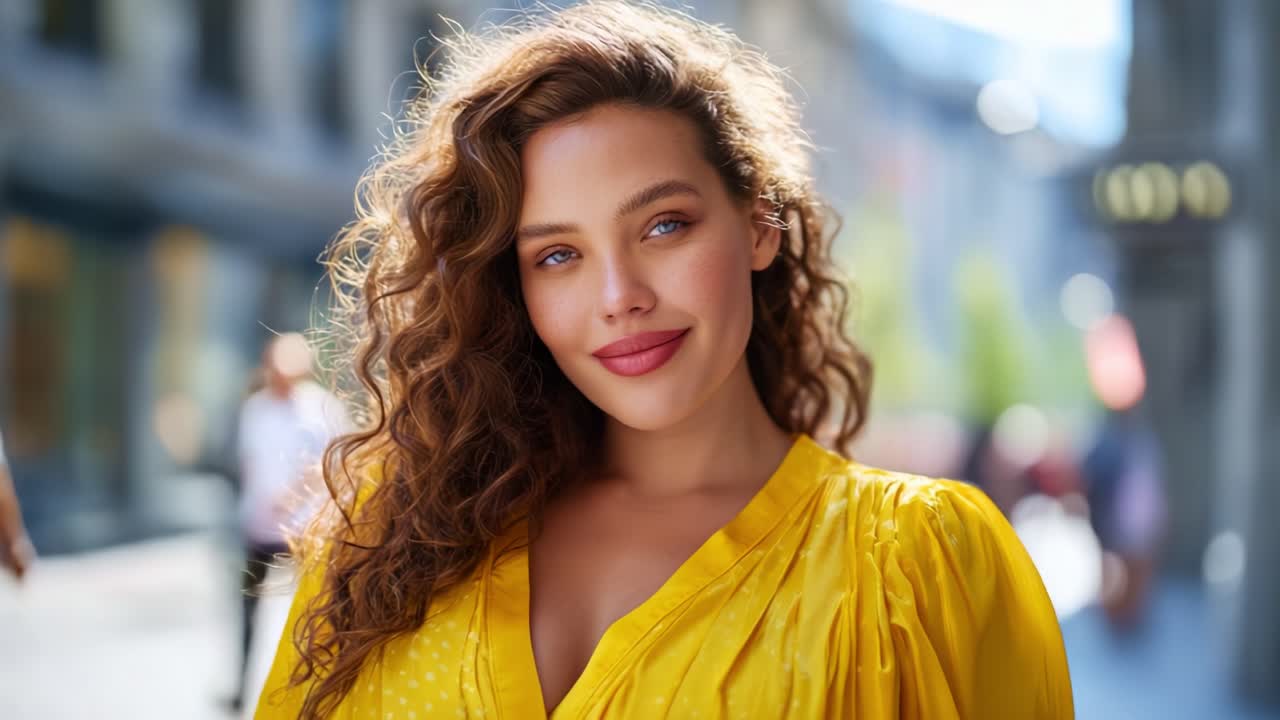 Donna radiosa con camicetta gialla che sorride in un ambiente urbano luminoso con una luce naturale soffusa e uno sfondo sfocato che ne esalta la straordinaria bellezza