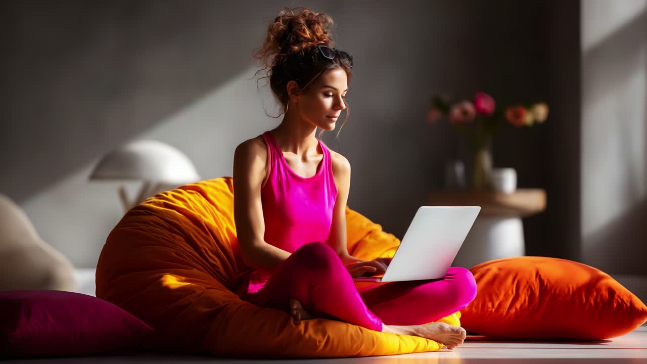 A young woman working on a laptop in a cozy, stylish room, relaxing on colorful bean bags, capturing a vibrant, modern atmosphere filled with creativity and comfort
