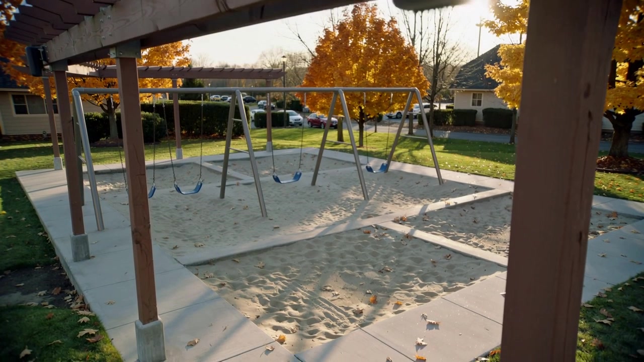Câmera recuando, revelando uma pérgola de madeira com uma caixa preta em um pequeno parque, com balanços azuis.