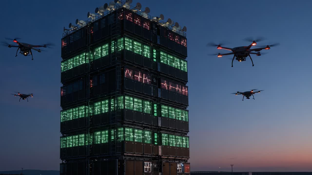 A striking display of coordinated drones flying around a high-tech tower adorned with vibrant lights, showcasing an innovative blend of technology and creativity at dusk.