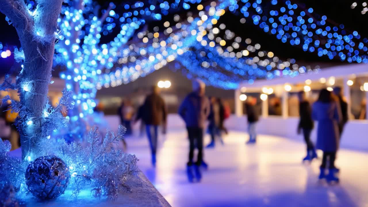 A Magical Winter Night: Ice Skating Under a Twinkling Canopy of Blue Lights, Creating a Festive Atmosphere with Joyful Revelers Enjoying the Holiday Spirit