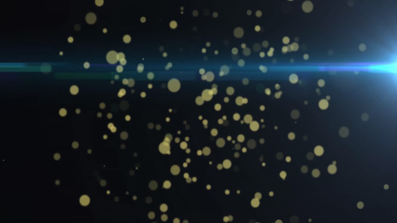 어두운 파란색 배경에 떠다니는 빛의 광선과 금색 점의 애니메이션