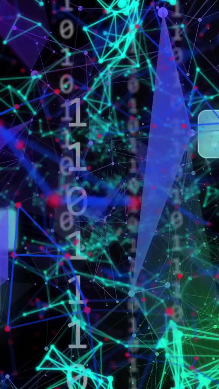 Animation of digital icons, binary coding and data processing