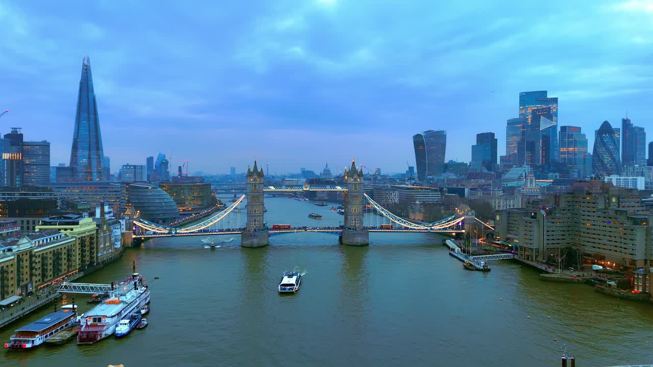 Thames River transportation, Tower Bridge, aerial dolly forward view