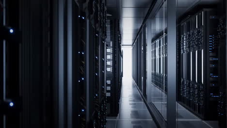 interior of a modern data center with server racks and blue lights