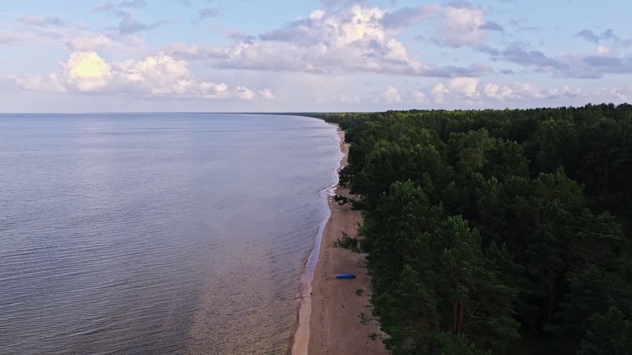 Aerial drone sunrise footage showing Baltic Sea beach with forest on coastline