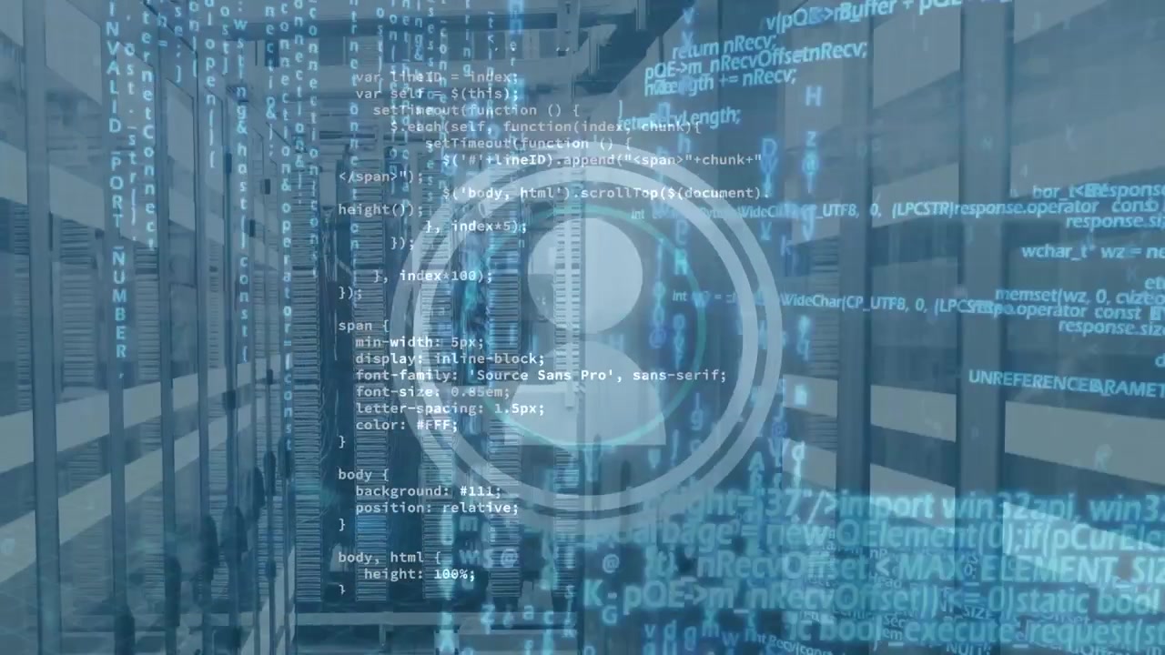 Animation of icons and data processing over server room