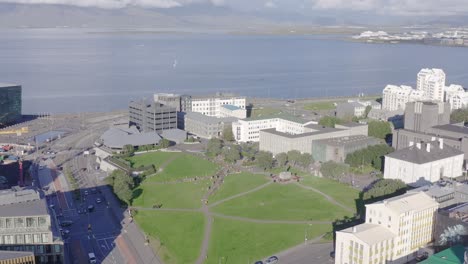 green arnarhóll park with statue of ingólfur arnarson, reykjavik, aerial