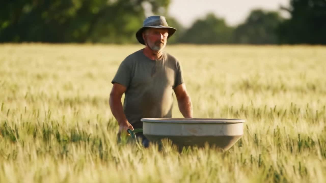 A dedicated farmer tending to his golden field, showcasing his commitment to agriculture and the hard work involved in cultivating crops for the future