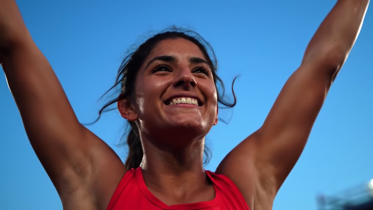 A Woman's Journey to Victory: Capturing the Determination and Elation of an Athlete Celebrating After Achieving Her Goal Under a Clear Blue Sky