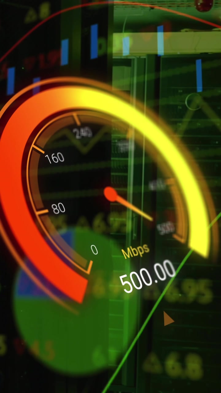 Animation of data processing and server room over speedometer