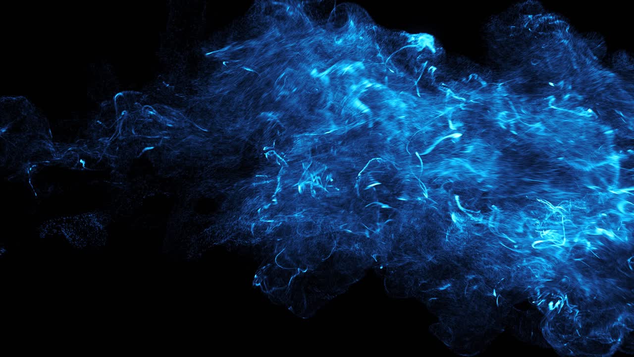 Particelle di energia blu astratte che scorrono su sfondo nero.