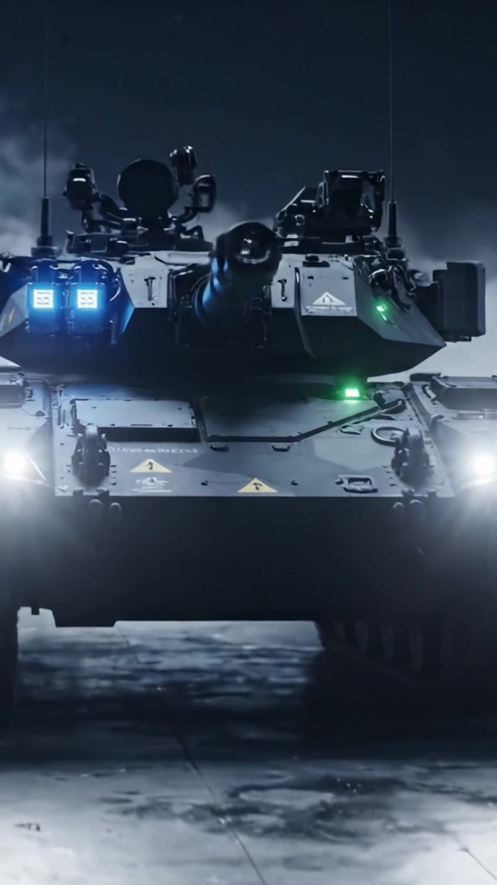 A powerful armored tank stands in a dimly lit environment, showcasing advanced technology and weaponry, ready for action in a high-stakes military scenario.