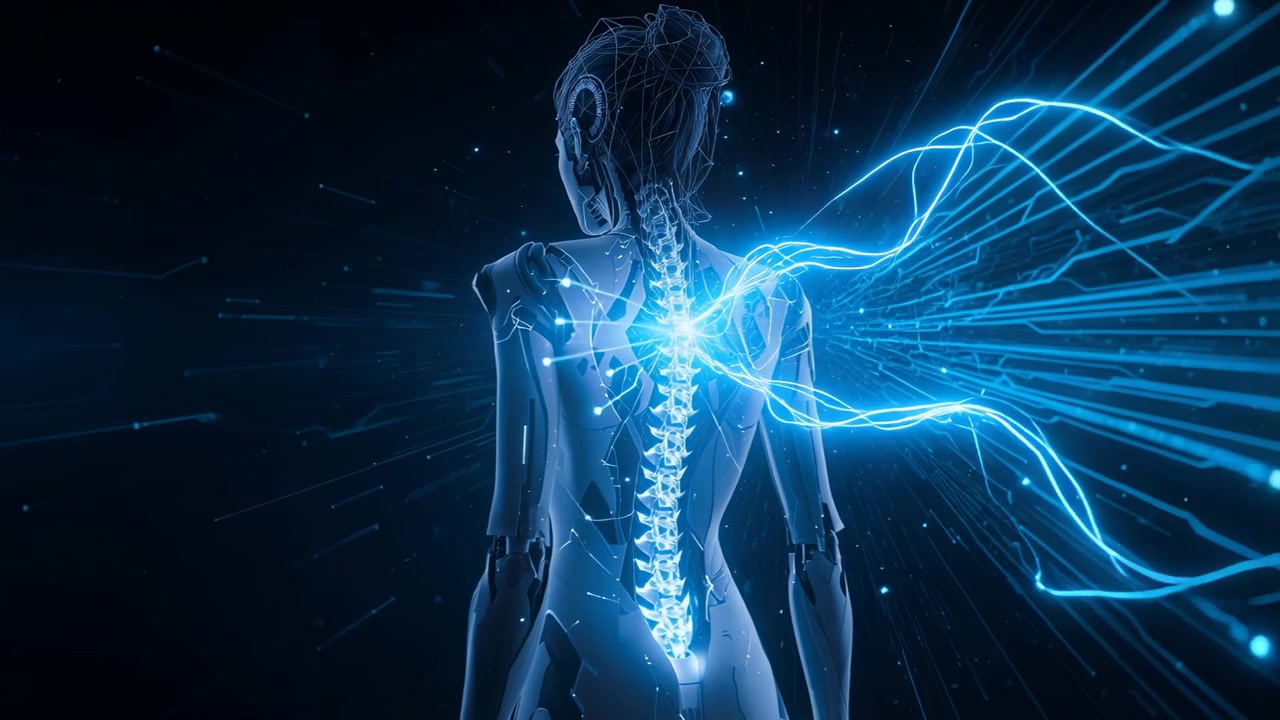 Receiving streams, feminine android linking ribbons to lit spine in space, clear exo syncing nodes