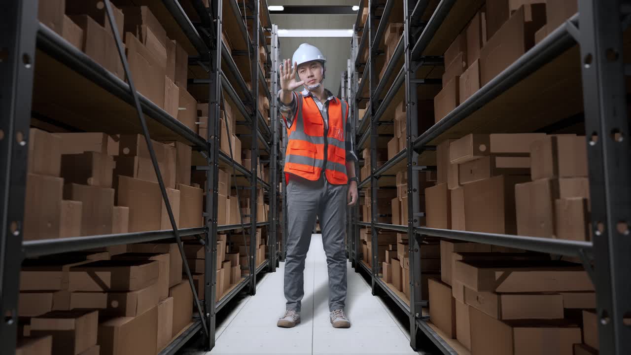 cuerpo lleno de ingeniero masculino asiático con casco de seguridad desaprobando sin señal de mano mientras estaba de pie en el almacén con estantes llenos de mercancías de entrega