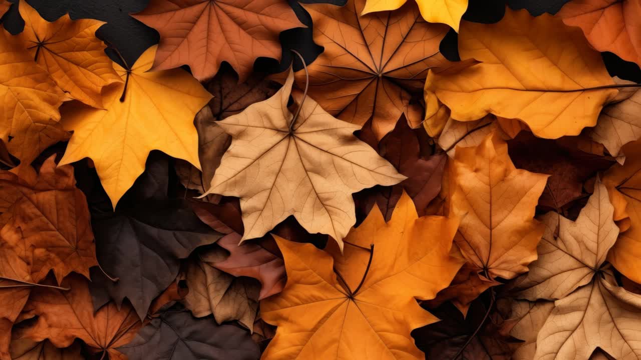 Top-down view of vibrant autumn leaves in shades of orange and brown, creating a warm, seasonal