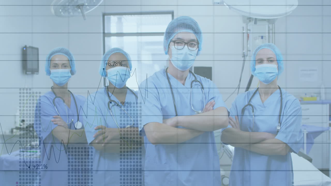 In hospital, healthcare professionals in scrubs reviewing animation of data charts