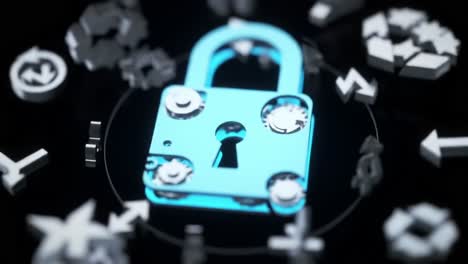 a digital lock surrounded by various symbols representing data security, privacy measures, and technological safeguards in a modern context