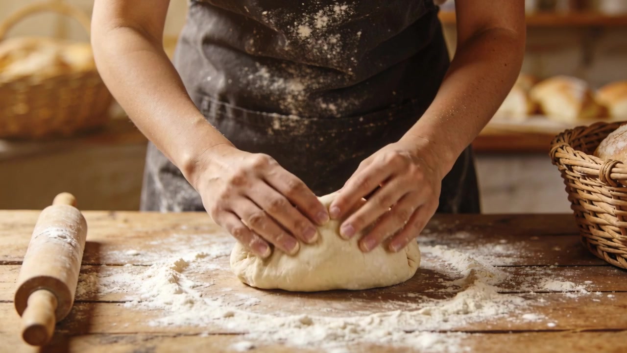 Placing dough ball, baker in flour-dusted apron folding and sealing to shape loaf on floured table