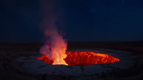 fiery volcanic eruption at night under a starry sky