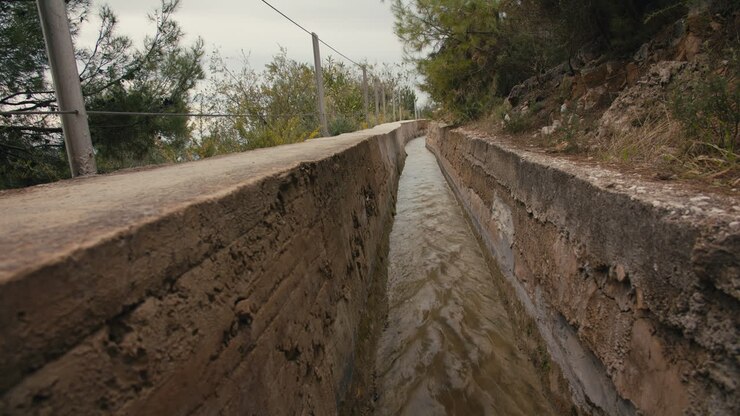 Canale d'acqua in cemento, acquedotto con corrente impetuosa circondato da terreno selvaggio e vegetazione naturale