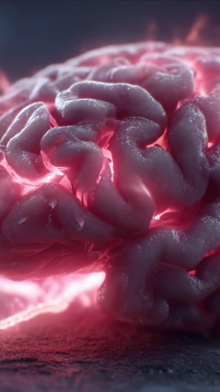 En nærbildeutforskning av en svært detaljert hjerne med glødende elementer, som viser intrikate funksjoner og levende lyseffekter for en fengslende visuell opplevelse