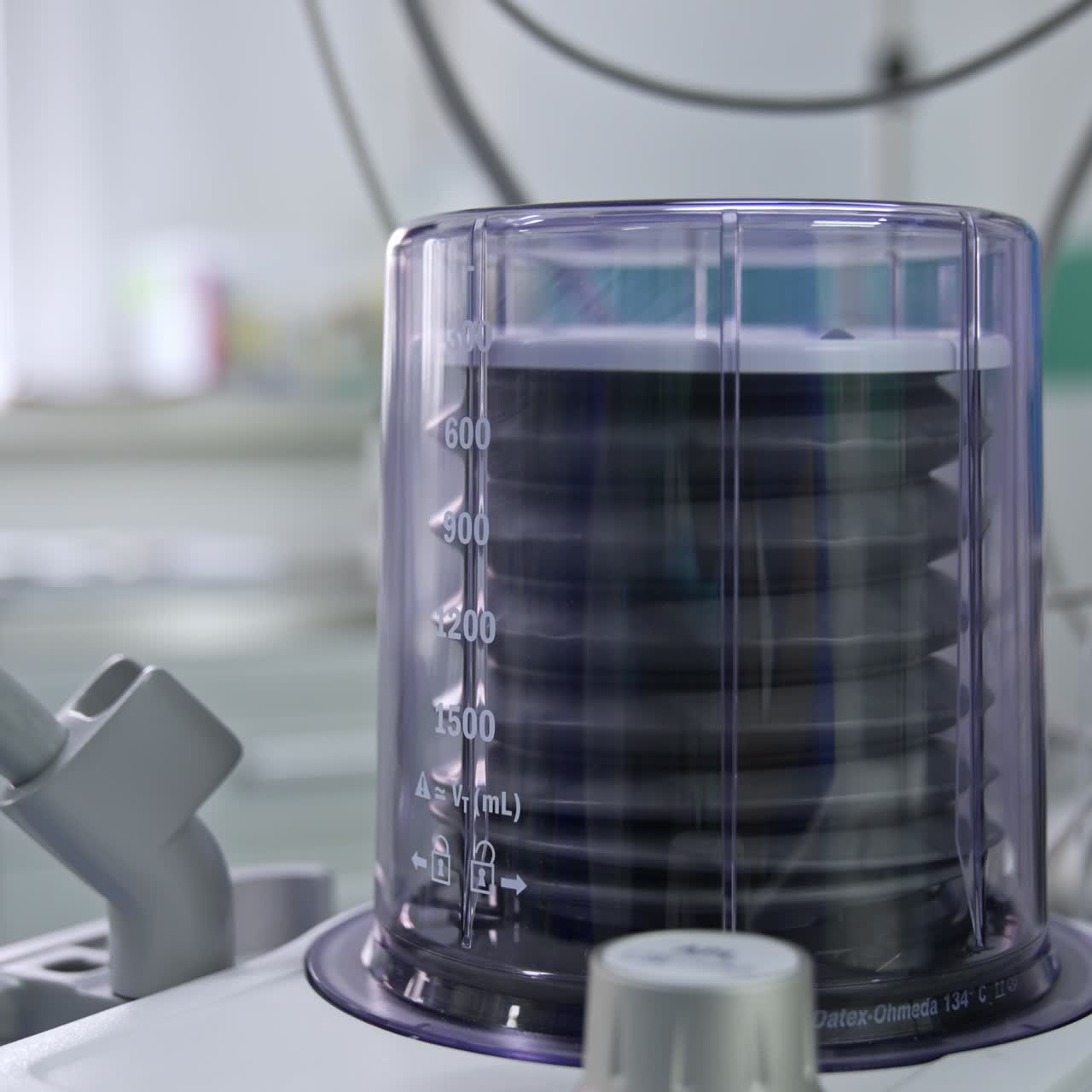 Ventilator pump working in the surgery room. Close up. Equipment in modern clinics. Blurred backdrop