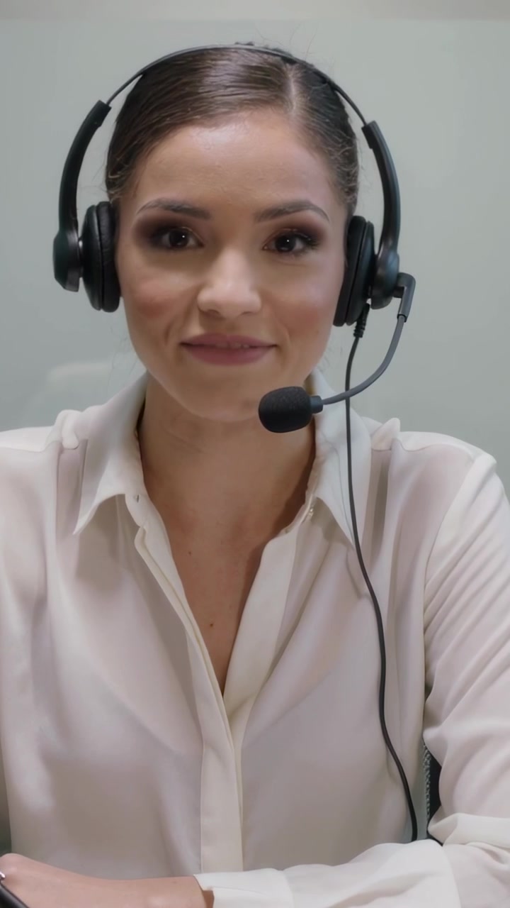 Vertikální video: Agentka v halence píše do zápisníku u stolu, zvedá hlavu a mluví do náhlavní soupravy.