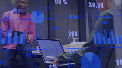 animation of data processing and diagrams over diverse colleagues discussing work