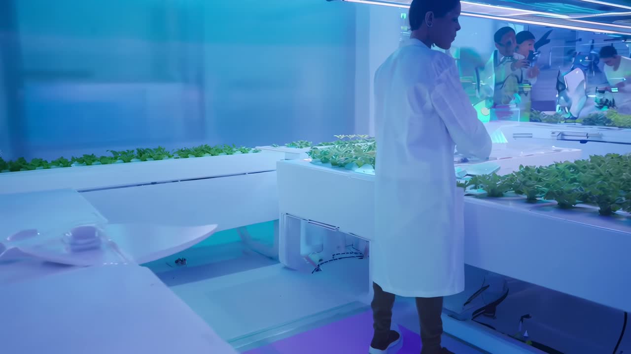 Futuristic vertical farm video with a low-angle view, showcasing hydroponic technology