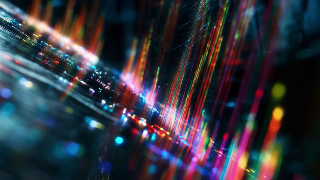 A mesmerizing visual display featuring vibrant, multi-colored light streaks and patterns, creating an enchanting atmosphere of digital artistry and modern aesthetics in a futuristic environment