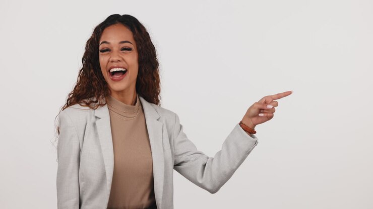 Face, business woman and pointing to presentation