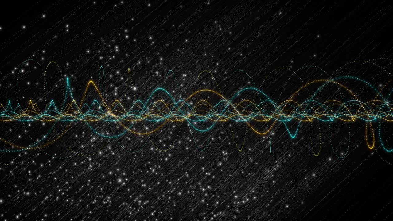 Playback starting, multistrand waveform oscillating and looping with twinkle stars showing rhythm