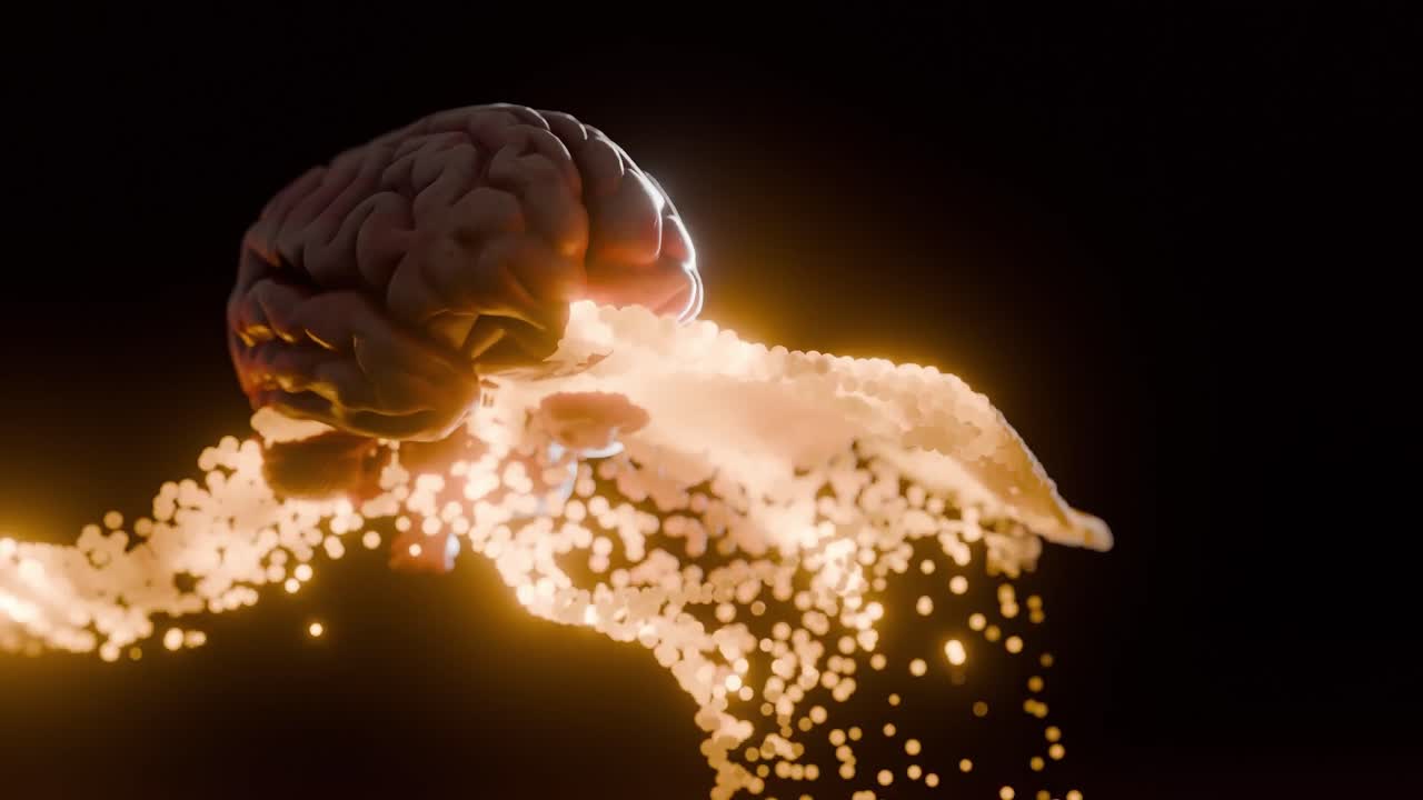 Human brain with glowing yellow energy waves on dark background. 3D render of anatomical model and neural stream. Artificial intelligence and neuroscience concept. Design for poster, wallpaper.