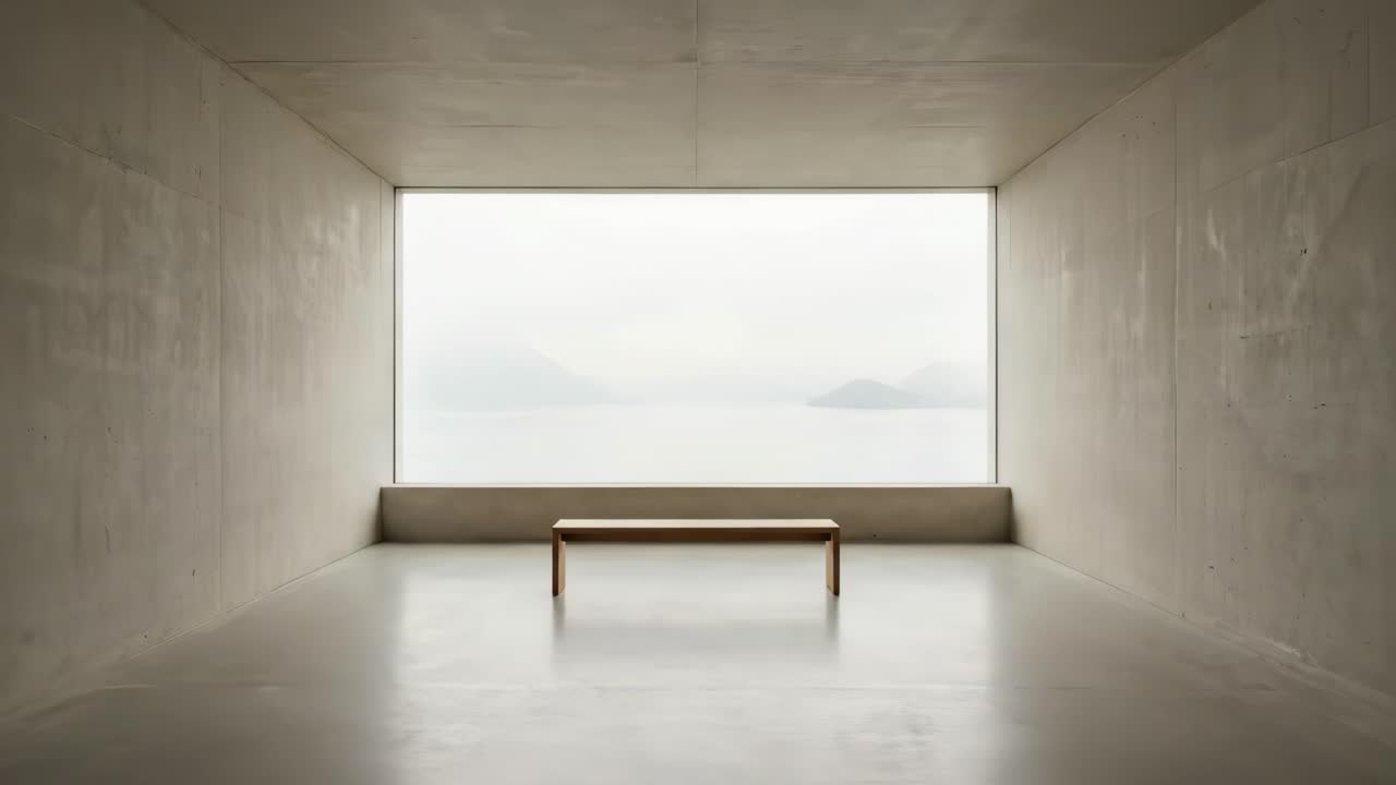 Empty Minimalist Concrete Room with Window Overlooking Misty Lake