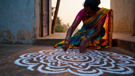 indian woman creating traditional kolam design