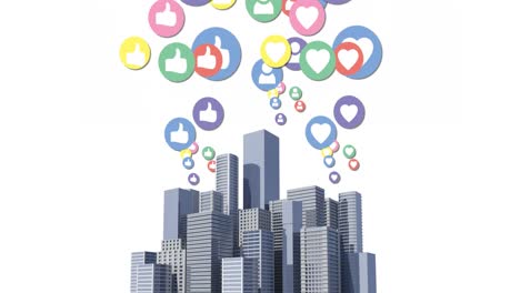 Animation-of-multiple-colourful-digital-social-media-icons-flying-over-cityscape