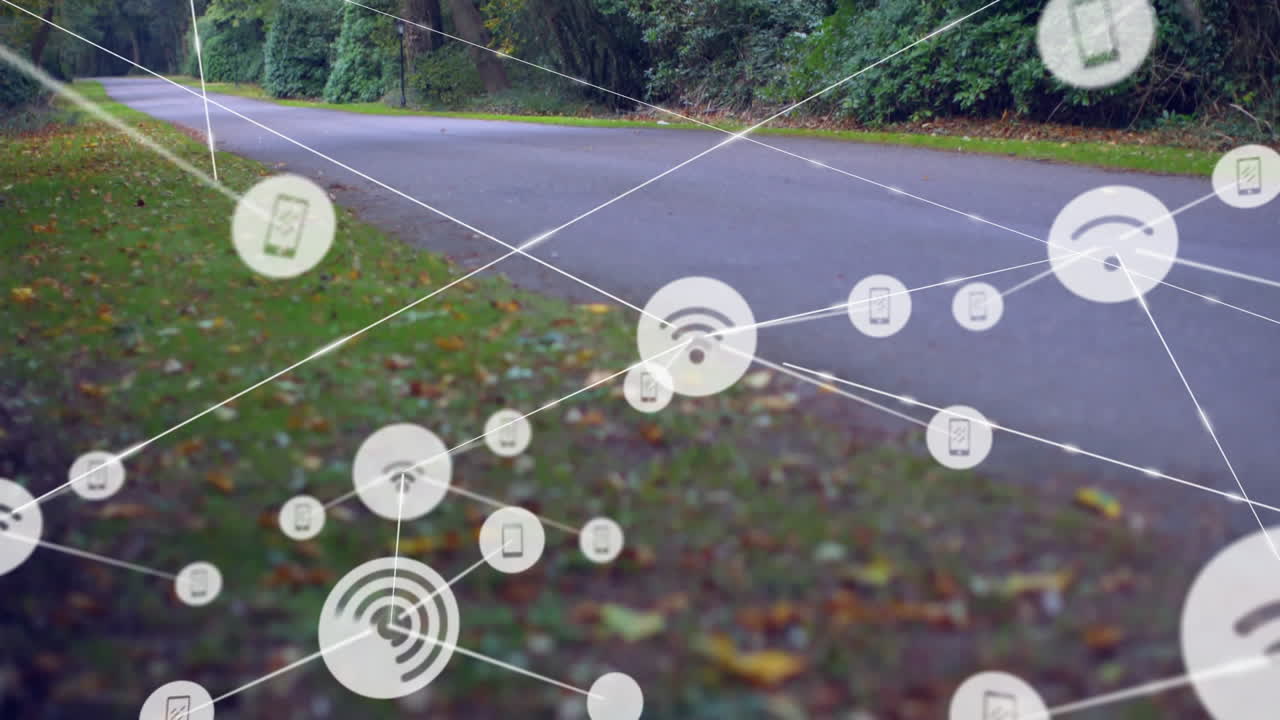Network connectivity being visualized over park walkway, with floating smartphone and Wi-Fi icons