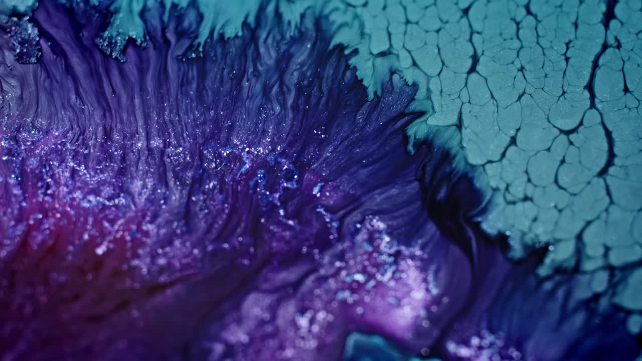primer plano de tinta azul y púrpura que se extiende en el agua con un efecto de textura crepitante
