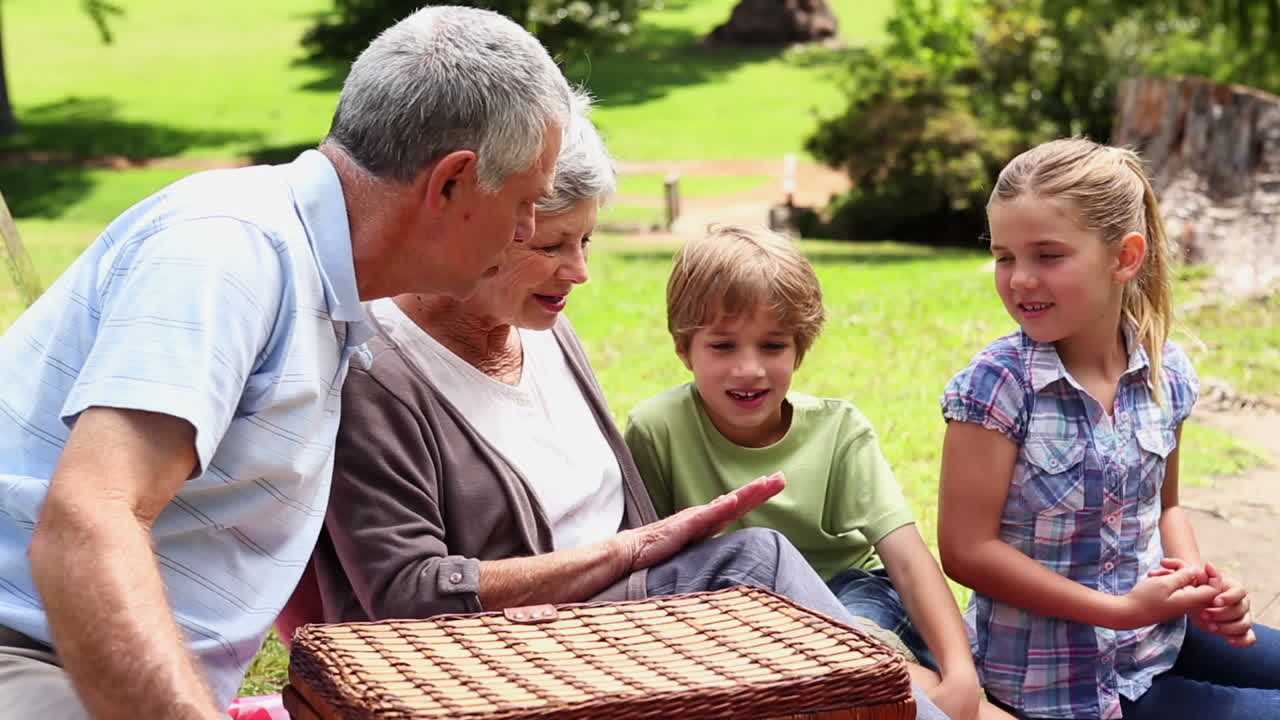 Grandparents having a picnic with their grandchildren