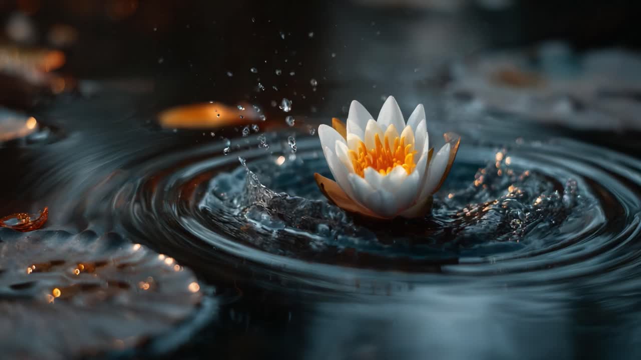 A Captivating Flowering Lily: Embracing Serenity in a Dark Reflective Pond Amidst Gentle Ripples and Tranquil Water Highlights