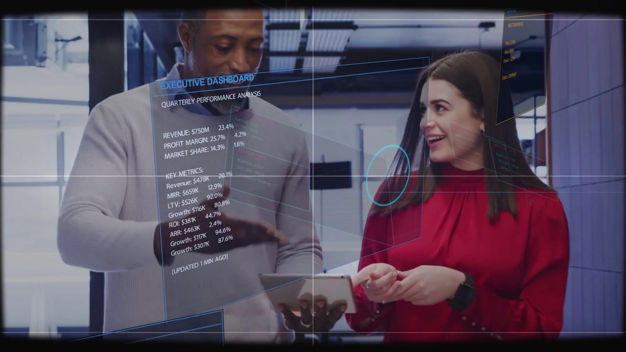Coworkers tapping tablet and navigating holo exec dashboard for business review, confirming metrics