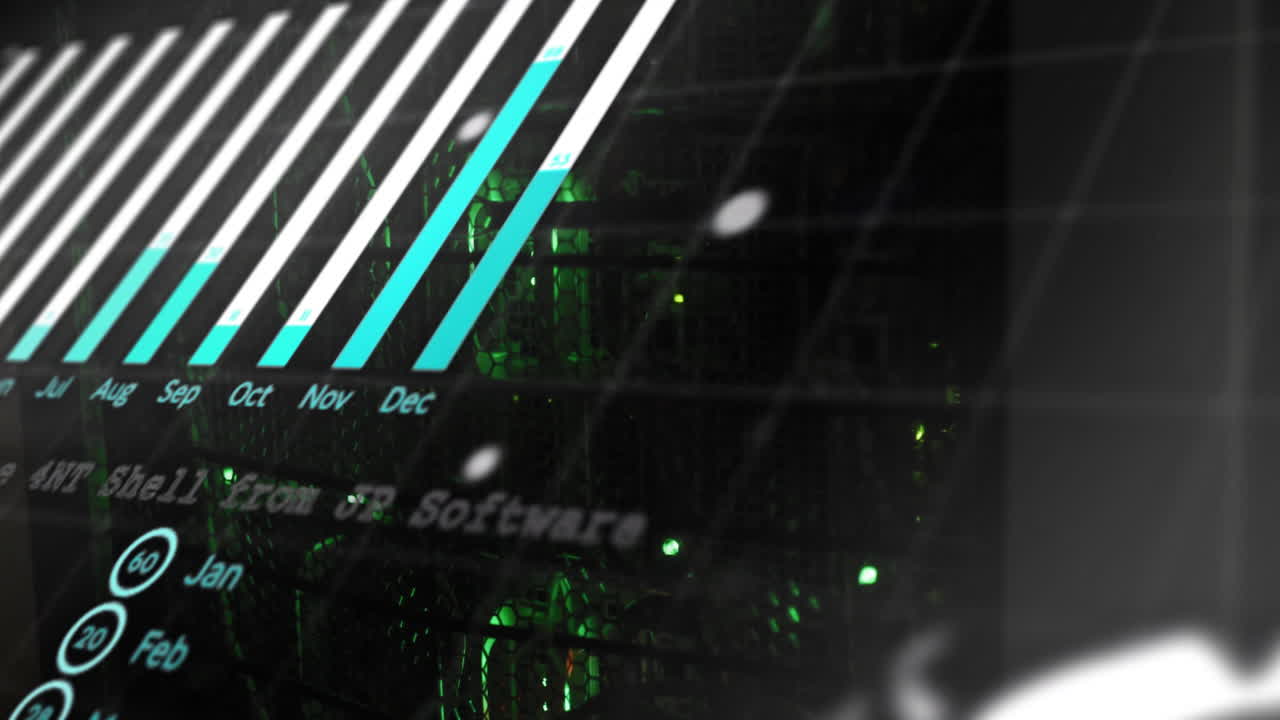 Data processing animation over green-lit servers with diagonal lines and calendar