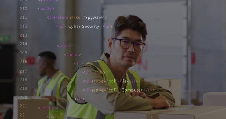Ein Logistikleiter in Weste lehnt an Kisten, ein Code-Overlay erscheint, das die Person bedeckt und IT-Sicherheit zeigt.
