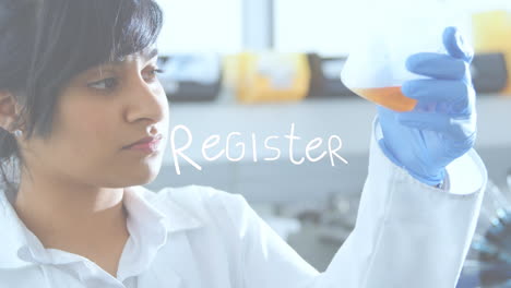 animación del texto del registro sobre una científica biracial en el laboratorio