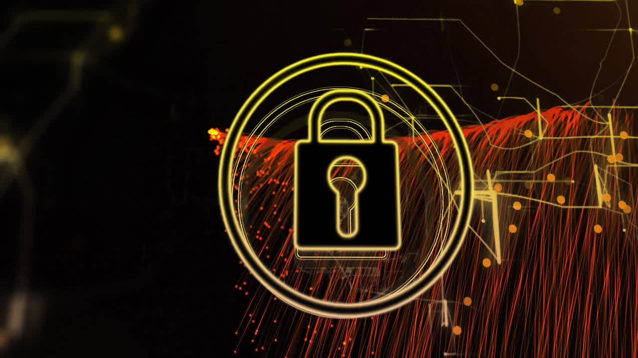 símbolo de cerradura con líneas circulares, animación de seguridad de datos sobre un fondo digital abstracto